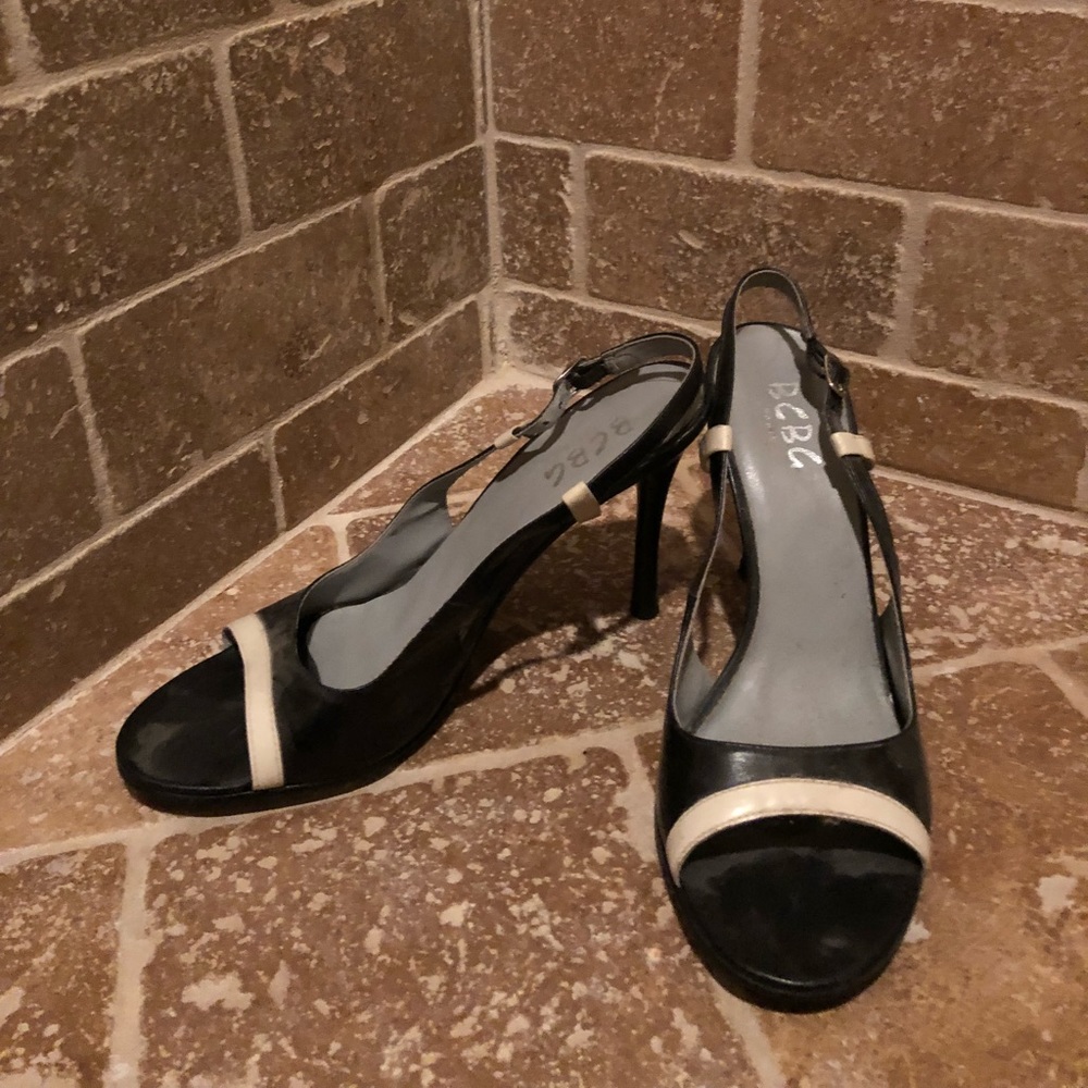 BCBG peep toe sling back high heels white accent